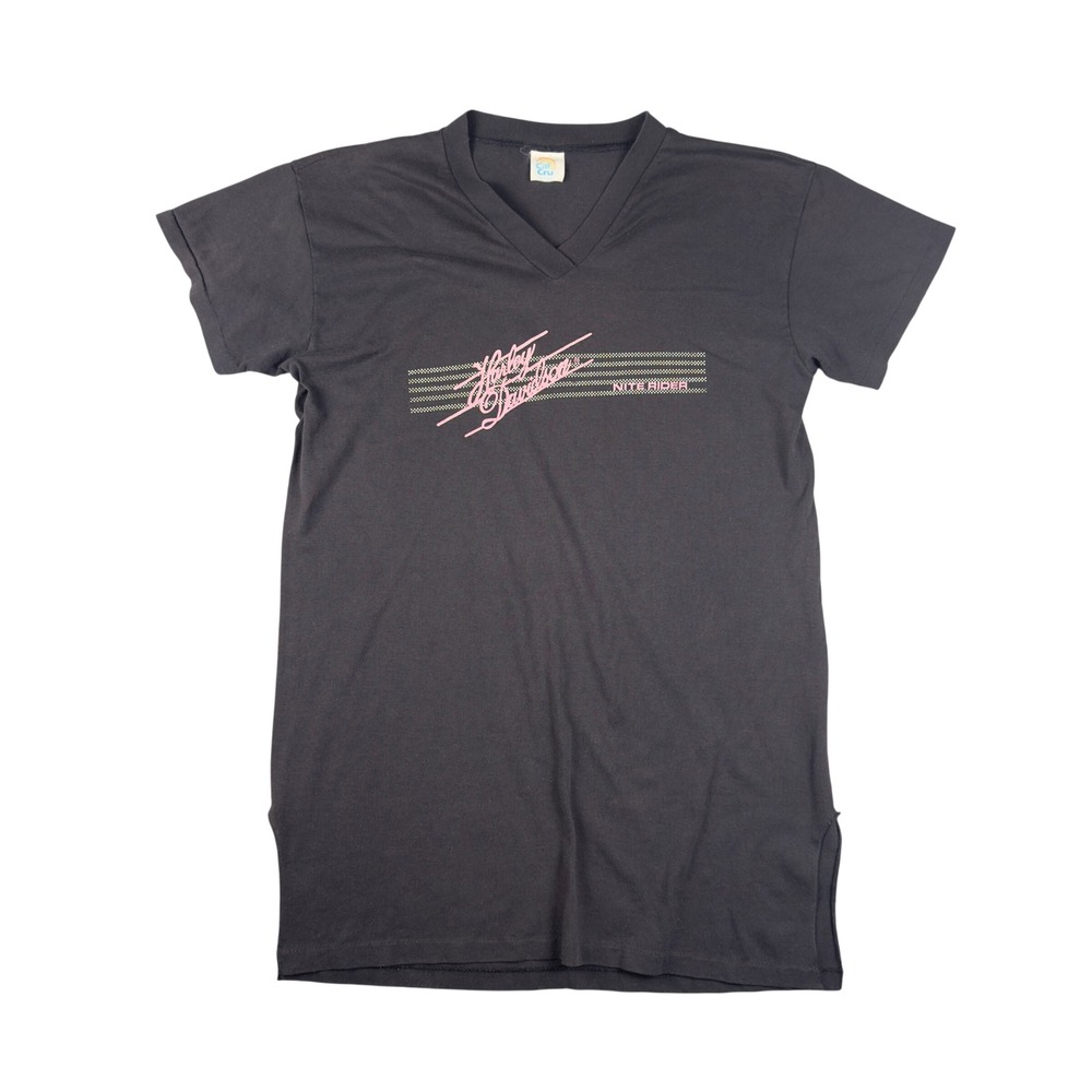 Vtg 80s Harley Davidson Nite Rider Womens XL Black V Neck Tee Biker Nightgown‎